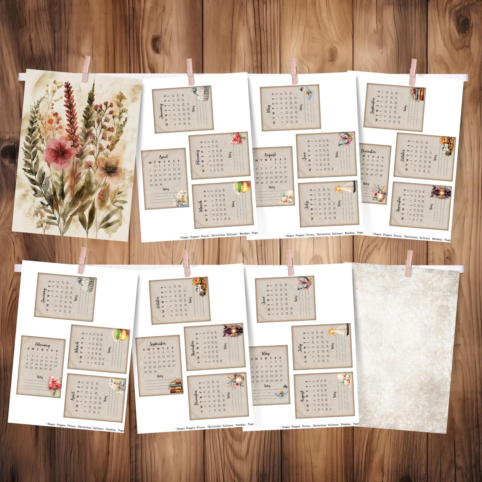 2025 Desk Calendar Refill Cards, Small Monthly Desktop, Junk Journal