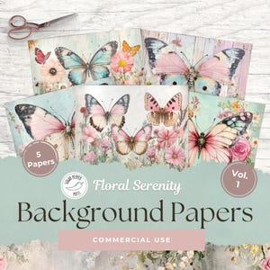 Documents de référence sur les papillons floraux | 5 Scrapbooking numérique imprimable Junk Journal usage commercial fleurs sauvages vintage rose turquoise SP015