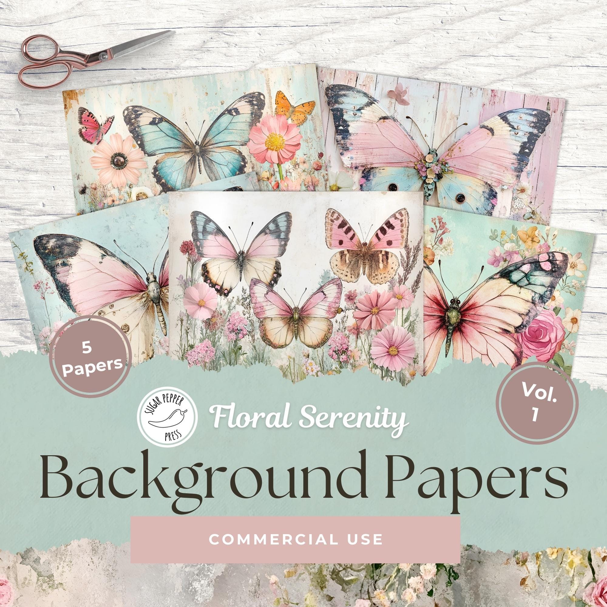 Blumen Schmetterling Hintergrundpapiere | 5 Druckbare Digitale Scrapbooking Junk Journal Kommerzielle Nutzung Wildblumen Vintage Türkis Rosa SP015