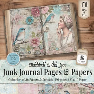 Páginas y papeles de diario basura Bluebird, collage digital Shabby Chic, imprimibles de pájaros vintage, papel para álbumes de recortes, arte floral natural SP065
