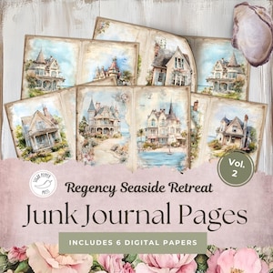 Regency Seaside Retreat Junk Journal Pages Vol 2 | Nautical Lighthouse Vintage plakboekkit Coastal Ocean Carousel Horse Shopfront SP021