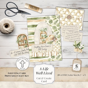 May include: A printable greeting card craft kit with a botanical theme. The kit includes a card with a watercolor design, a hat, and a plant stand. The text on the card reads "Everything You're Grown Is Still Growing". Also included are scissors, glue, and twine.