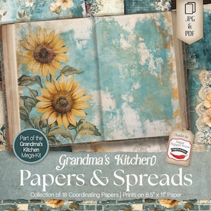 Papéis de fundo do Cooking Junk Journal, páginas para impressão de receitas da vovó, álbum de recortes de cozinha vintage, kit de colagem, Shabby Chic Rustic SP055