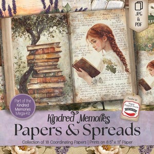 Op de afbeelding: Een digitaal papierpakket met 18 bijpassende papieren met een vintage boek, een meisje dat leest en een stapel boeken. De papieren zijn gedrukt op papier van 8,5 x 11 inch. De papieren maken deel uit van de Kindred Memories Mega-Kit.