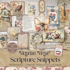 Diário de sucata de escrituras vitoriano vintage | Ephemera e etiquetas imprimíveis cristãs, colagem baseada na fé e kit de diário bíblico