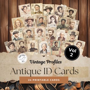 ヴィンテージ プロファイル アンティーク ID カード Vol 2 | ジャンク ジャーナル、スクラップブッキング、ミックス メディア アート、パスポート用の印刷可能なアンティーク ID カード 24 枚 SP029