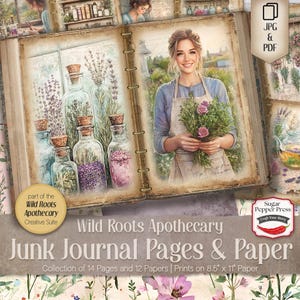 Wild Roots Apothecary ジャンクジャーナルページ | 印刷可能なビンテージハーバリストペーパー | ハーブ、コテージコア、植物、ライティング、罫線入りページ SP049