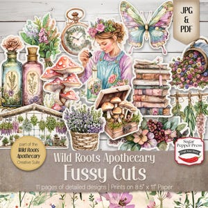 Wild Roots Apothecary Fussy Cuts | ジャンクジャーナル、ビンテージコラージュ、スクラップブッキング、DIY カード、クラフト用の印刷可能なエフェメラ SP049