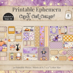 Op de afbeelding: Een verzameling van 39 bedrukbare ephemera-stukken met een Halloween-thema. De ontwerpen omvatten pompoenen, een zwarte kat, een heks en andere spookachtige elementen. De tekst op de afbeelding luidt "Printable Ephemera Candy Corn Cottage" en "Afdrukken op Letterformaat 21,6 cm x 27,9 cm."