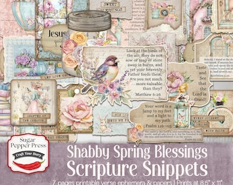 Scripture Scraps Junk Journal Ephemera | Shabby Chic Printable Floral Bible Verse Christian Snippets, Faith-Based Kit