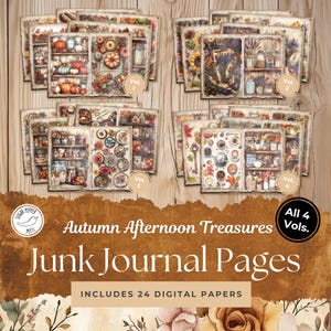 Autumn Afternoon Treasures Vol 4 Junk Journal Pages | Livros antigos, relógios e chaves | Boticário, chá de outono, café, curiosidades de armário SP026