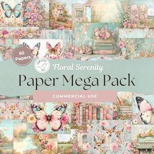 Mega Paper Pack Floral Serenity | 55 Shabby Chic Collage | Cottagecore Vintage Pastel Craft Scrapbook Junk Journal Commercieel gebruik SP015