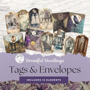 Halloween Envelopes & Tags Haunted House | 12 Elevated Halloween Elements | Gothic Elegance Ephemera | Vintage Horror Purple | SP002