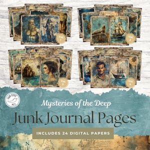 Vintage Nautical Junk Journal Seiten Mysteries of the Deep 24-teiliges Bündel | Blau Grün Ozean Meer Ephemera Scrapbook Mermaid Grunge Kit SP017
