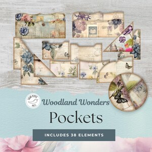Waldtiere Junk Journal Taschen | 38 Vintage, Florales, wunderliches Walddesign | Blau, Lila Blume | Naturinspiriert, Printable SP001