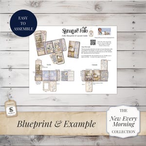 May include: A blueprint and layout guide for a Signature Folio, featuring a detailed design with illustrations of a countryside scene. The text "Easy to Assemble" and "Blueprint & Example" are visible. The New Every Morning Collection is also displayed.