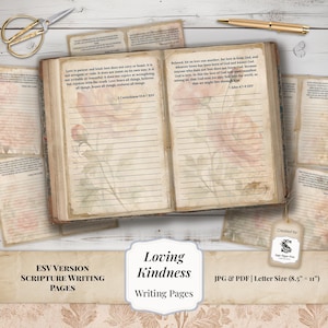 May include: Open book with lined pages and floral accents, featuring scripture from 1 Corinthians 13:4-7 ESV and 1 John 4:7-9 ESV. Includes additional writing pages, scissors, and a pen. The text reads "Loving Kindness Writing Pages".