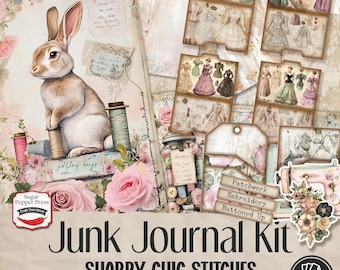 May include: A digital junk journal kit with 30 pages featuring shabby chic stitches, patchwork, embroidery, and buttoned up designs. The kit includes a variety of papers, ephemera, and images with a vintage aesthetic.