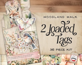 Shabby Chic Loaded Tags, Woodland Animals Vintage Printable Ephemera, Junk Journal Kit, Floral Pocket, Digital Download Floral Collage SP059