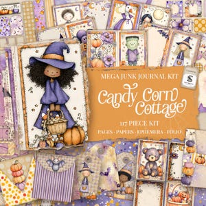 May include: A collection of Halloween-themed paper ephemera, including journal pages, tags, and cards. The design features illustrations of witches, pumpkins, and a teddy bear. The text "Candy Corn Cottage" is displayed on an orange background.