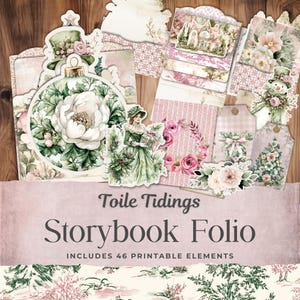 Toile Tidings Weihnachtsbuch Folio | Grün & Rosa Vintage Junk Journal Kit, Shabby Chic Ephemera, Cottagecore Urlaub Handwerk Einzigartiges Geschenk