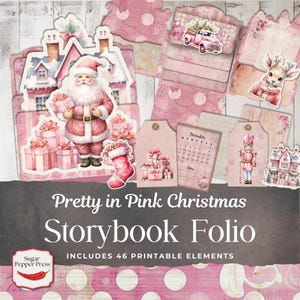 Kit de libro de cuentos navideños en folio/diario basura con diseño de bonito rosa, efímeras de invierno vintage shabby chic, etiquetas navideñas preppy para álbum de recortes imprimible