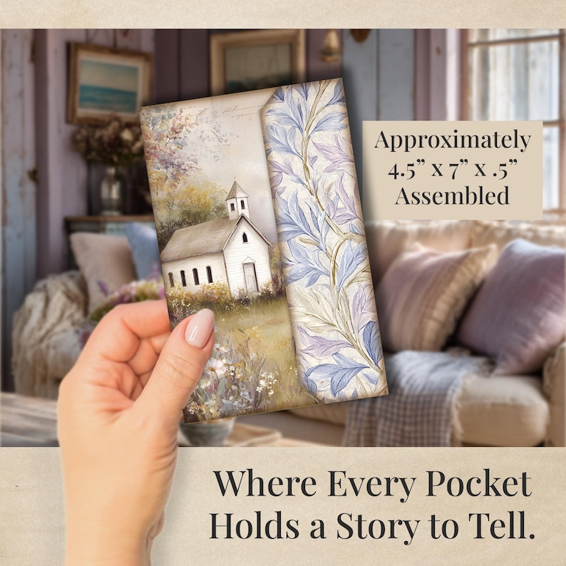 May include: A decorative paper pocket with a watercolor painting of a white church and floral design. The pocket is approximately 4.5" x 7" x .5" assembled. The text "Where Every Pocket Holds a Story to Tell" is at the bottom.