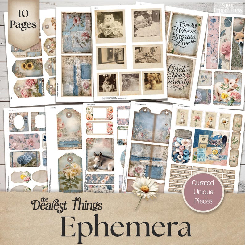 Denim Junk Journal Mega Kit, Shabby Chic Woodland Ephemera (digital ...