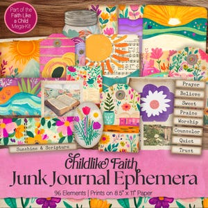 Kit de itens efêmeros Faith Junk Journal, cartões e bolsos cristãos digitais, etiquetas para diário bíblico para impressão, colagem floral brilhante de arte popular SP058