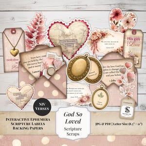 May include: A collection of interactive ephemera scripture labels and backing papers. The design features a variety of elements, including heart-shaped tags, vintage-style frames, and floral accents. The color palette includes shades of pink, cream, and gold.
