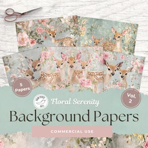 Woodland Deer-achtergrondpapier | 5 afdrukbare digitale bospagina's plakboeken rommeldagboek commercieel gebruik bloemen wilde bloemen vintage SP015