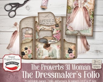Shabby Chic Seamstress Faith Junk Journal, Printable Folio Kit, Digital Download, Crafting Ephemera, Proverbs 31 Woman Dressmakers Folio