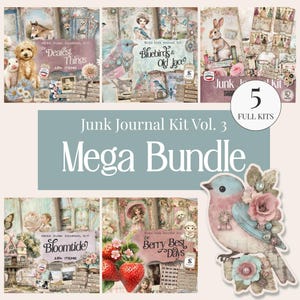 Könnte beinhalten: Ein Junk-Journal-Kit-Mega-Bundle mit fünf verschiedenen Sets, die Vintage-Illustrationen von Tieren, Blumen und Menschen zeigen. Die Sammlung enthält bedruckte Papiere, Etiketten und dekorative Elemente mit Texten wie The Dearest Things und Bloomtide.