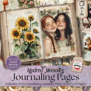 Könnte beinhalten: Ein Satz von 20 druckbaren Journaling-Seiten mit einem Vintage-Buch mit Sonnenblumen, zwei Mädchen mit langen Haaren und einem floralen Design. Die Seiten sind 21,6 cm x 27,9 cm groß und Teil des Kindred Memories Mega-Kits.