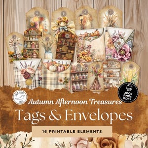 Tesouros da tarde de outono 12 etiquetas imprimíveis e mini envelopes, diário de sucata de itens de outono, álbuns de recortes florais rústicos, curiosidades do gabinete SP026
