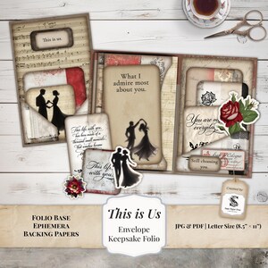 May include: A vintage-style keepsake folio with the text "This is Us." The folio features pockets, decorative paper, and illustrations of dancing couples. Includes a red rose and the text "You are my everyday."