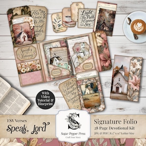 Peut inclure: Un ensemble d'éphémères en papier avec des illustrations florales et d'églises, comprenant des étiquettes, des cartes et un livret. Le texte comprend "Speak, Lord", "His Voice" et "Light The Path I Cannot See". Une tasse de café est posée sur une soucoupe blanche.