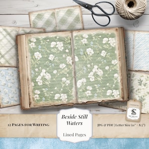 Pode incluir: Um livro aberto com páginas pautadas com fundo verde e padrão floral branco. O texto diz Beside Still Waters, 12 PAGES FOR WRITING, JPG & PDF | Letter Size (27,94 cm x 21,59 cm) e Created by Sugar Pepper Press.
