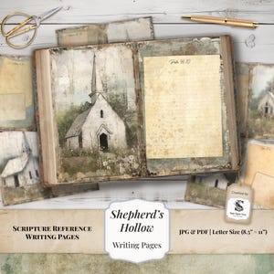 May include: An open book featuring a church illustration and lined paper. The image includes additional pages with church imagery. Text on the image reads "Shepherd's Hollow Writing Pages" and "Scripture Reference Writing Pages".