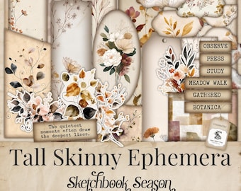 Fall Minimalist Floral Tall Skinny Junk Journal Ephemera Kit, Slim Modern Autumn Flowers Printable Download Scrapbook Pocket Tag Cards SP104