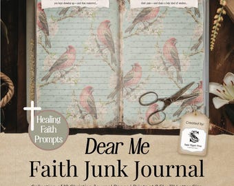 May include: Open journal with lined pages featuring bird illustrations on a floral background. The journal is titled "Dear Me Faith Junk Journal" with "Healing Faith Prompts" and "Collection of 18 Christian Journal Pages" text. A pair of scissors rests on the pages.