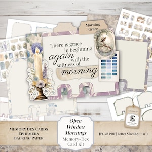 Könnte beinhalten: Ein Memory Dex Karten-Kit mit Vintage-Ästhetik. Das Design umfasst Karten mit floralen und botanischen Illustrationen, eine Kerze und den Text "There is grace in beginning again with the softness of morning." Das Kit enthält Ephemera und Backpapier.