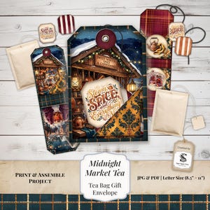 May include: A printable tea bag gift envelope project featuring a winter market scene with a wooden stall, copper kettles, and the text Steam, Spice and Everything Nice. Includes tea bag tags, envelopes, and labels on a white wooden background.