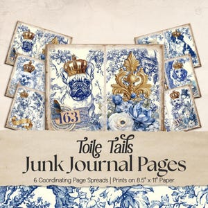 Junk Journal imprimable toile française chiens, pages JPG PDF, papiers éphémères trouvés bleu vintage, papiers uniques pour le scrapbooking et la fabrication de cartes instantanée