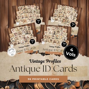 Zestaw zabytkowych kart identyfikacyjnych Vintage Profiles Antique ID Card | 24 wydrukowane zabytkowe karty identyfikacyjne do dzienników śmieciowych, scrapbookingu, sztuki w technice mieszanej, paszportu SP029