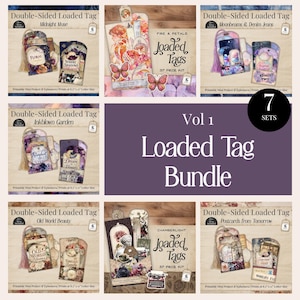 May include: A Vol 1 Loaded Tag Bundle featuring 7 sets of printable double-sided loaded tags and ephemera. Each set displays unique themes like Midnight Muse, Inkblown Garden, and Old World Beauty with decorative paper elements and tassels.
