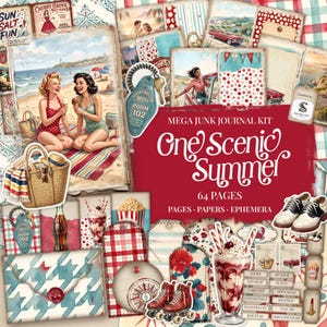 Puede incluir: Un collage de efímeras de estilo vintage con temática veraniega. Incluye imágenes de mujeres en la playa, patines, batidos y coches retro. El texto "One Scenic Summer" se muestra, junto con "64 PAGES".