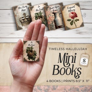 Può includere: Una mano tiene in mano un mini libro con un'illustrazione di un nido, circondato da altri tre mini libri. I libri hanno disegni vintage con motivi floreali e di corona. Il testo "Mini Books" è visualizzato sotto.