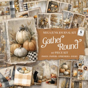 Könnte beinhalten: Ein Set aus Papieren im Vintage-Stil für Junk-Journaling, mit Kürbissen, Herbstlaub und dem Text "Gather Round". Das Kit enthält 117 Teile, darunter Seiten, Papiere und Folio-Elemente. Die Farbpalette umfasst warme Töne von Orange, Braun und Creme.