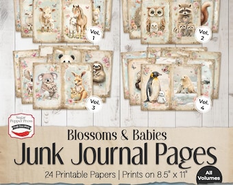 Junk Journal Seiten Frühling Baby Tiere, Muttertag Natur, Floral Digital Printable, Scrapbook Seiten, Handwerk Versorgung, Instant Download JJ007